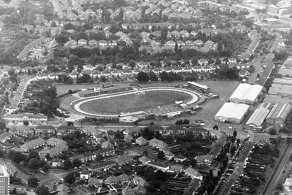 Birminghams Hall Green greyhound stadium, seen from a helicopter. 28th August 1986