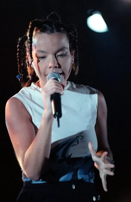 Framed Print : Bjork singer from Iceland on stage at the Irvine Festival with microphone in hand
