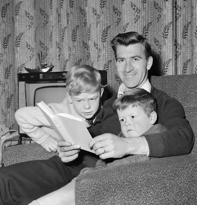 Framed Print : Blackburn Rovers footballer Bryan Douglas at home with his two boys. November 1963 Framed Print : Blackburn Rovers footballer Bryan Douglas at home with his two boys. November 1963