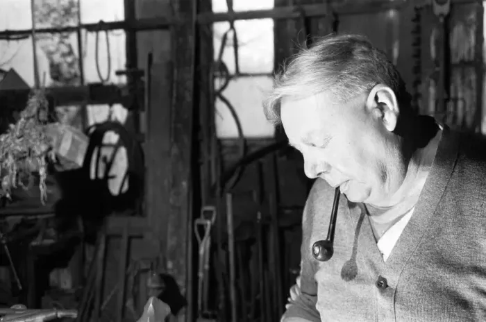 Framed Print : Blacksmith Horace Tubby Lovegrove seen here at work at his forge Framed Print : Blacksmith Horace Tubby Lovegrove seen here at work at his forge