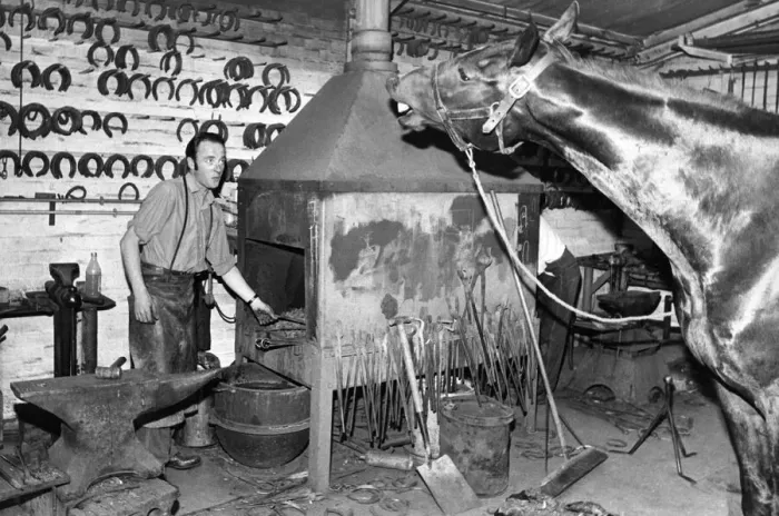 Framed Print : Blacksmith Joe Baty of Hexham being told by a customer what style and size shoe is wanted Framed Print : Blacksmith Joe Baty of Hexham being told by a customer what style and size shoe is wanted