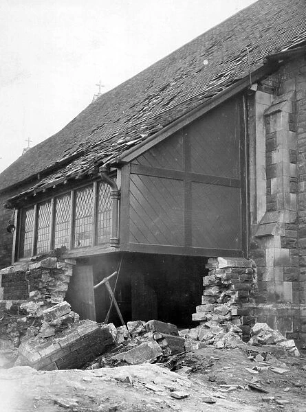 Blast from a Nazi bomb caused this damage to a church in South Wales. Circa 1941