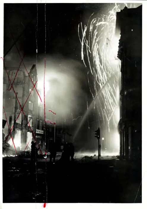 Framed Print : Blazing debris descending on firemen as they play on the burning buildings in London Framed Print : Blazing debris descending on firemen as they play on the burning buildings in London