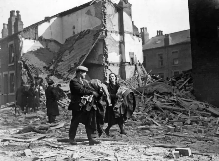 Framed Print : Blitz on a north west town. Retrieving personal belongings after their home had been