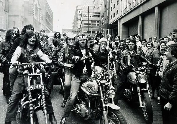 Blue Angels on their motorbikes for a wedding in Glasgow 1971 1970s
