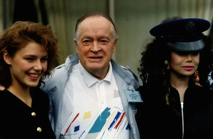 Framed Print : Bob Hope Comedian with Latoya Jackson and Miss Universe make a whistle stop vist to