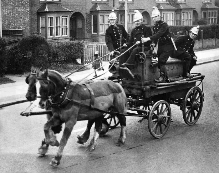 Framed Print : Bob Horwood aged 62 in all his glory once again, driving the Harrow fire engine of 1875 Framed Print : Bob Horwood aged 62 in all his glory once again, driving the Harrow fire engine of 1875