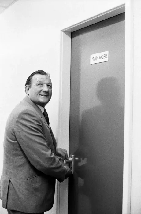 Framed Print : Bob Paisley at Anfield after taking over as Liverpool manager following the resignation Framed Print : Bob Paisley at Anfield after taking over as Liverpool manager following the resignation