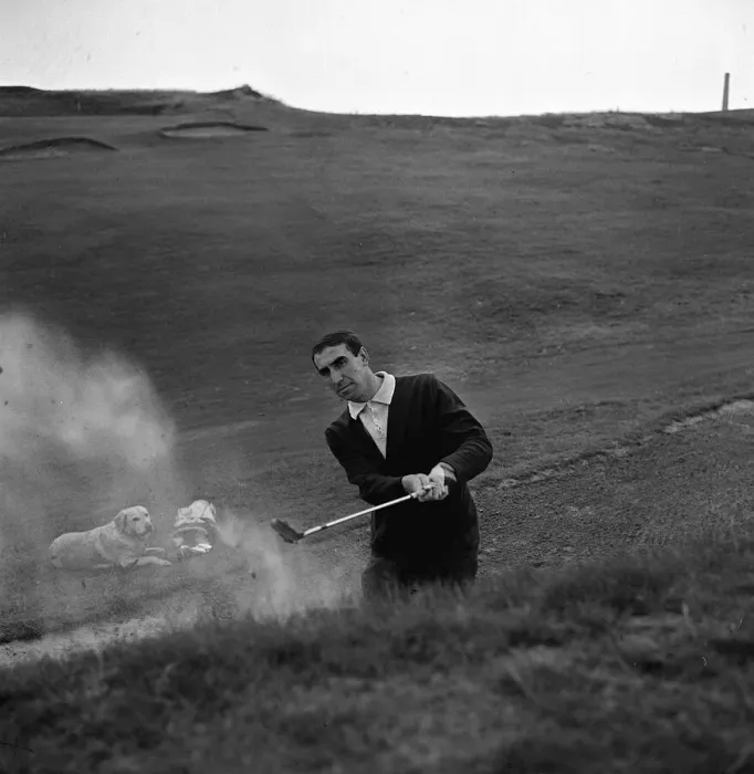 Framed Print : Bob Stokoe football manager relaxes away from it all with his dog Jess and a game of golf