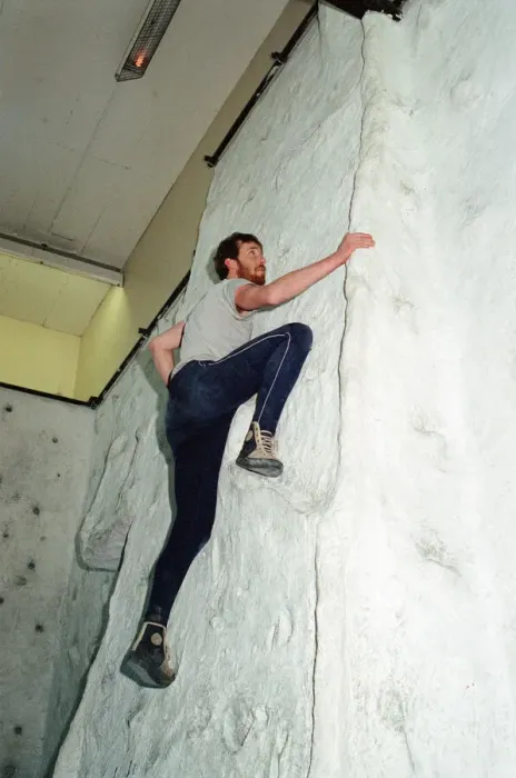 Framed Print : Bob Watkinson on the climbing wall at Billingham Forum. 26th January 1992 Framed Print : Bob Watkinson on the climbing wall at Billingham Forum. 26th January 1992