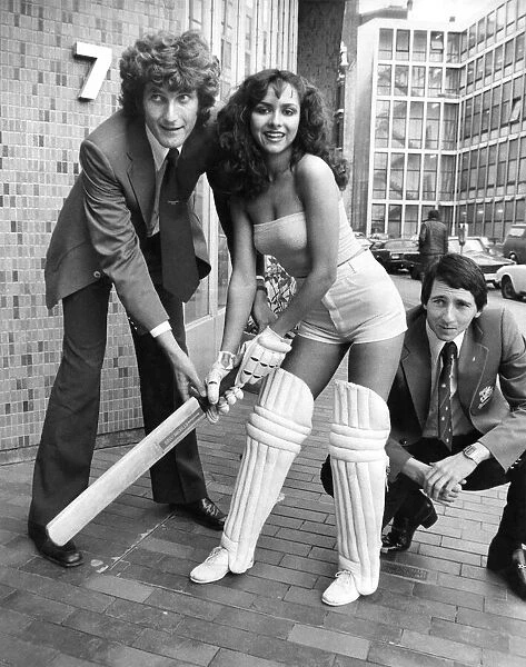 Bob Willis, model girl Penny Barnett in cricket outfit, and Wicket Keeper Derek Randall
