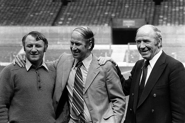 Bobby Charlton with manager Tommy Docherty and former manager Matt Busby at Old Trafford