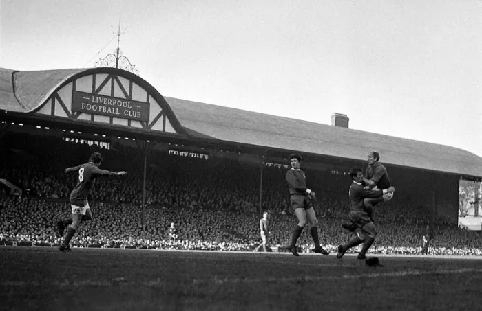Framed Print : Bobby Charlton of Manchester United crashes in to Liverpool player Tommy Smith after Framed Print : Bobby Charlton of Manchester United crashes in to Liverpool player Tommy Smith after