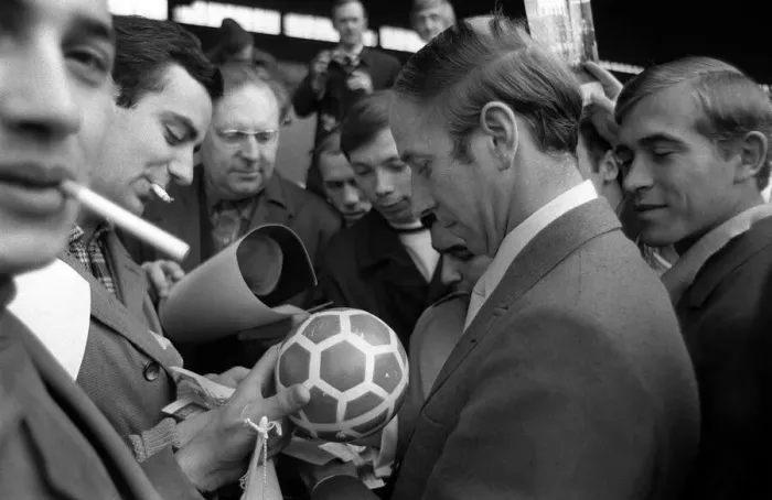 Framed Print : Bobby Charlton of Manchester United meets Russians 1971 Manchester United 1970s Framed Print : Bobby Charlton of Manchester United meets Russians 1971 Manchester United 1970s