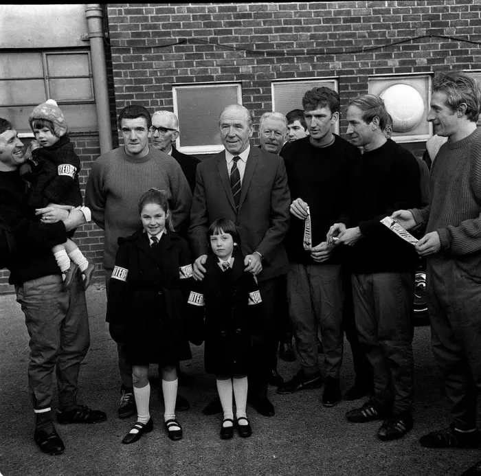 Framed Print : Bobby Charlton other members of Man Utd 1967 schoolgirls and safety armbands Framed Print : Bobby Charlton other members of Man Utd 1967 schoolgirls and safety armbands