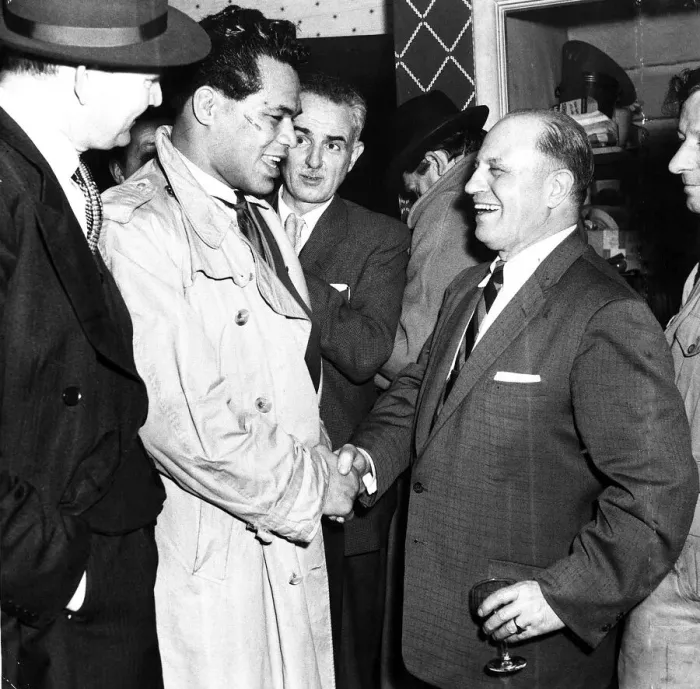 Framed Print : Bobby Gleason the manager of Nino Valdes talks with Kitione Lave Feb 1957 Framed Print : Bobby Gleason the manager of Nino Valdes talks with Kitione Lave Feb 1957