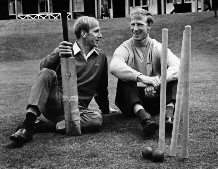 Framed Print : Bobby and Jack Charlton trying their hand at cricket at an England training session Framed Print : Bobby and Jack Charlton trying their hand at cricket at an England training session