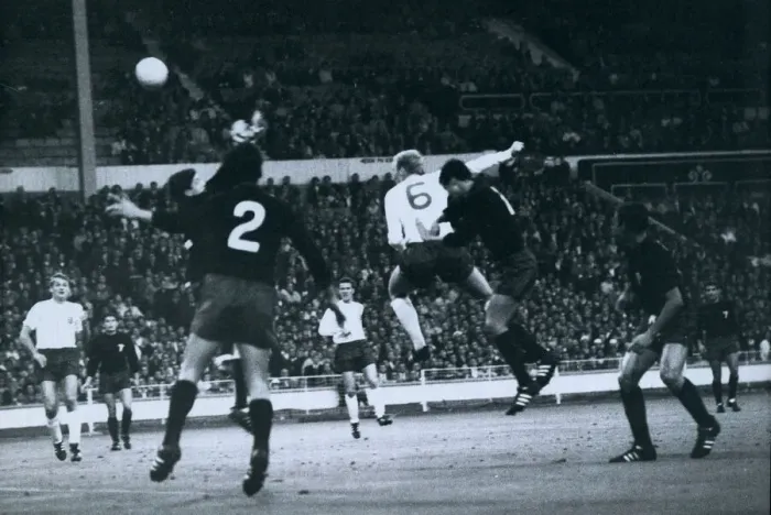 Framed Print : Bobby Moore heads the ball towards the Mexican goal during Englands match against Mexico Framed Print : Bobby Moore heads the ball towards the Mexican goal during Englands match against Mexico