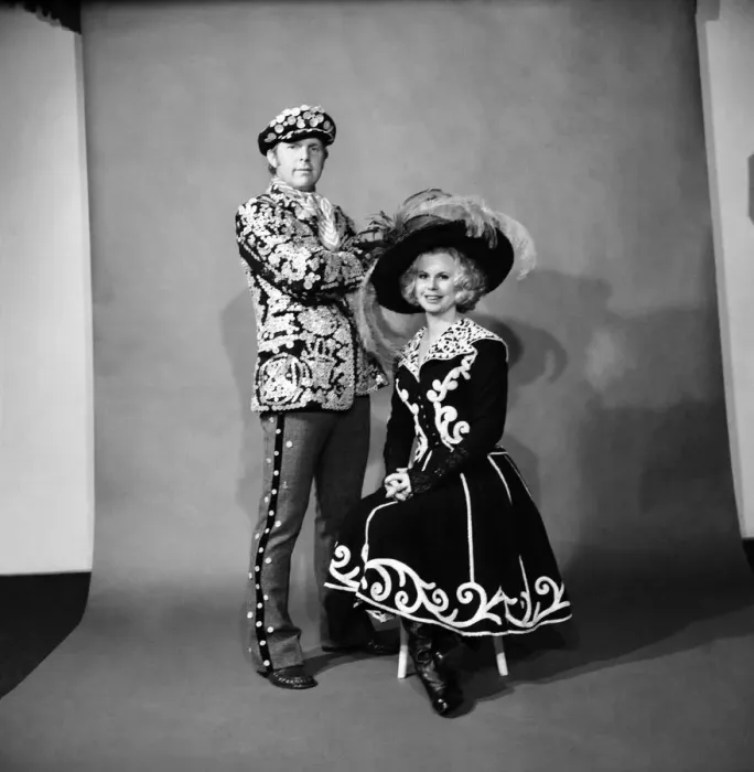 Framed Print : Bobby Moore West Ham & England footballer pictured with wife in fancy dress as Pearly