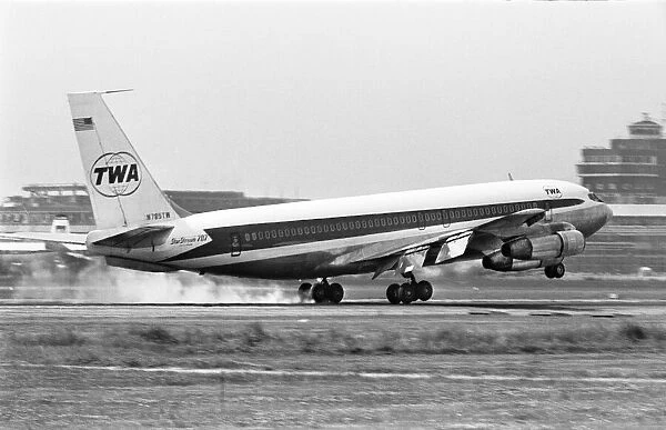 Boeing 707 landing at Heathrow airport. Circa July 1967