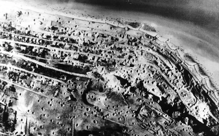 Framed Print : Bomb craters after Allied bombing raids on German gun enplacements near Le Harve during Framed Print : Bomb craters after Allied bombing raids on German gun enplacements near Le Harve during