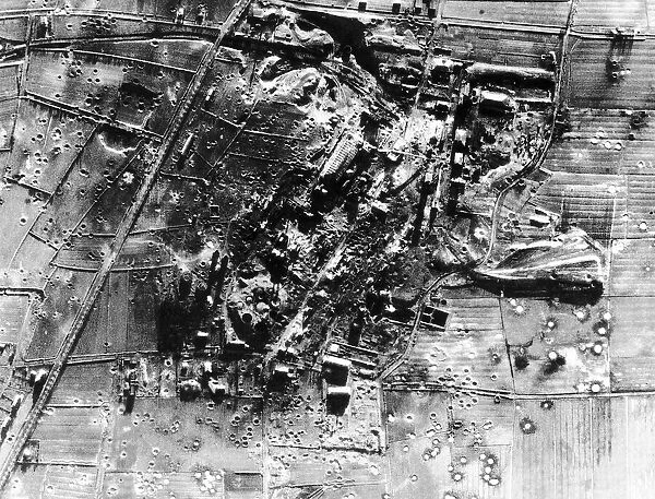 Bomb craters around the Hemmingstedt Oil Refinery in Germany after an air raid by US