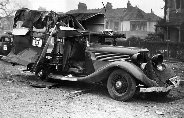 Bomb damage to an ambulance in London. 20th March 1941