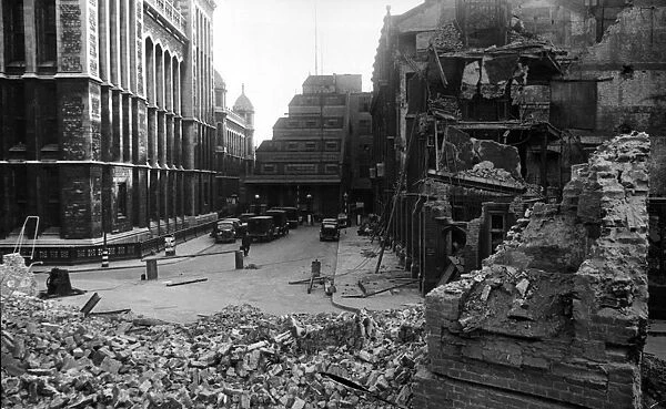 Bomb damage at Fetter Lane, London. Geraldine House, the Daily Mirror offices