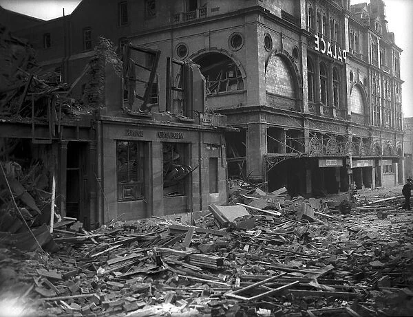 Bomb damage on the South Coast during WW2 rubble and debris cover the street