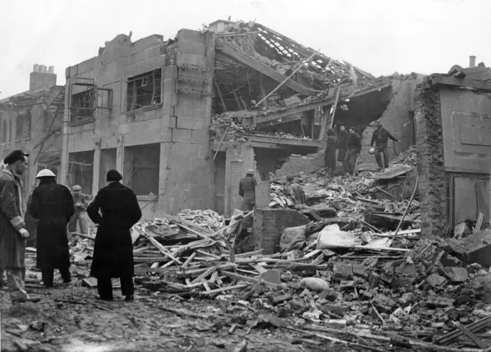 Framed Print : Bomb damage sustained by a big store in South East London. 18th January 1943 Framed Print : Bomb damage sustained by a big store in South East London. 18th January 1943