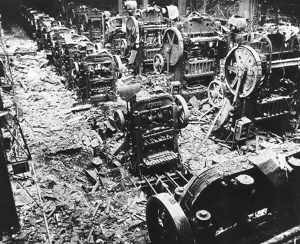 The bomb damaged Renault car factory in France after air raid by the US 8th Air