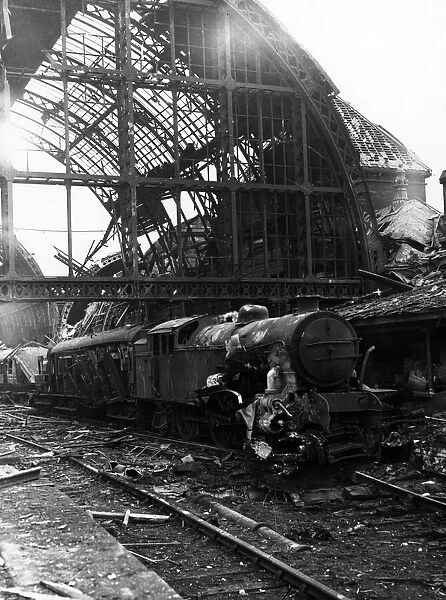 A bombed railway station somewhere in England. Circa 1941