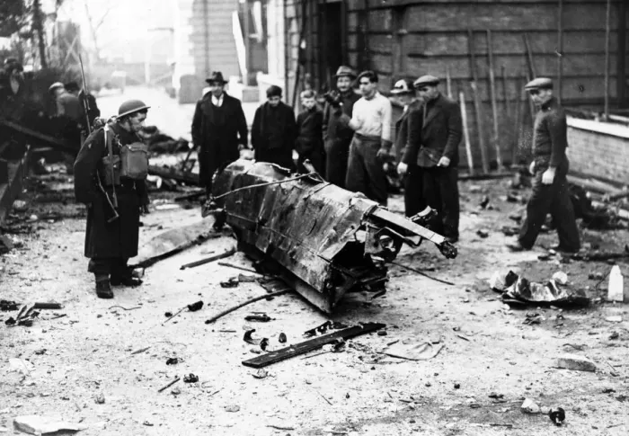 Framed Print : Part of a bomber brought down in Kensington, London. 16th April 1941 Framed Print : Part of a bomber brought down in Kensington, London. 16th April 1941