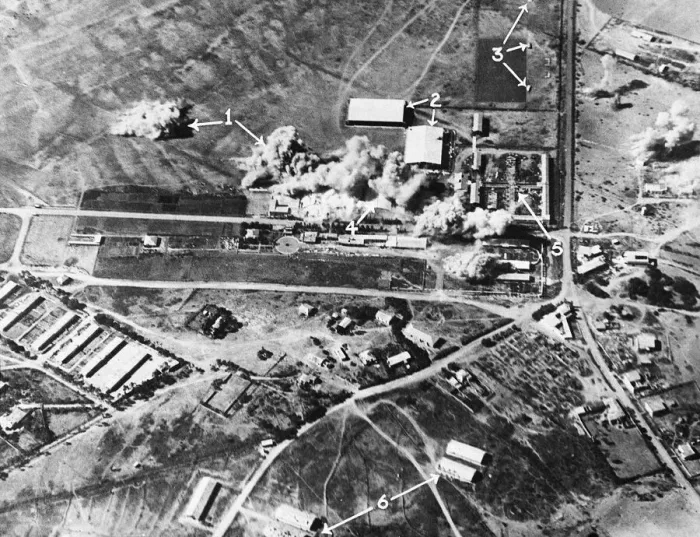 Framed Print : The bombing of Caproni workshops at Mai Edaga by the Royal Air Force on February 16th Framed Print : The bombing of Caproni workshops at Mai Edaga by the Royal Air Force on February 16th