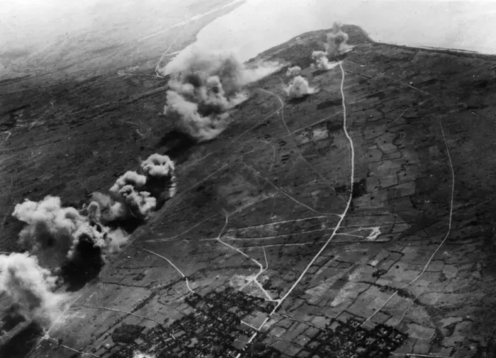 Framed Print : Bombing of the Ishigaki airfield in Okinawa by a British fleet carrier. June 1945 Framed Print : Bombing of the Ishigaki airfield in Okinawa by a British fleet carrier. June 1945
