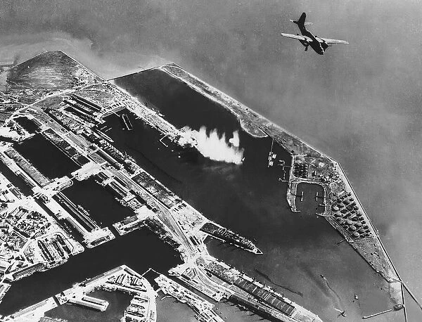 Bombing raid on enemy shipping in Le Havre Docks by the USAF Douglas A20 Boston