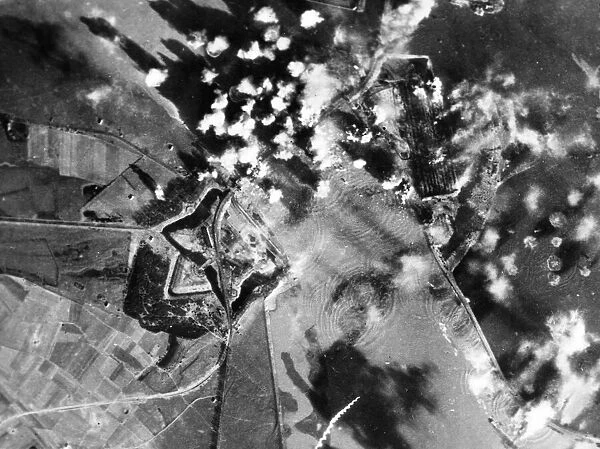 Bombs blast the Rhine Road. Bombs from B-17 Flying Fortresses of the U. S