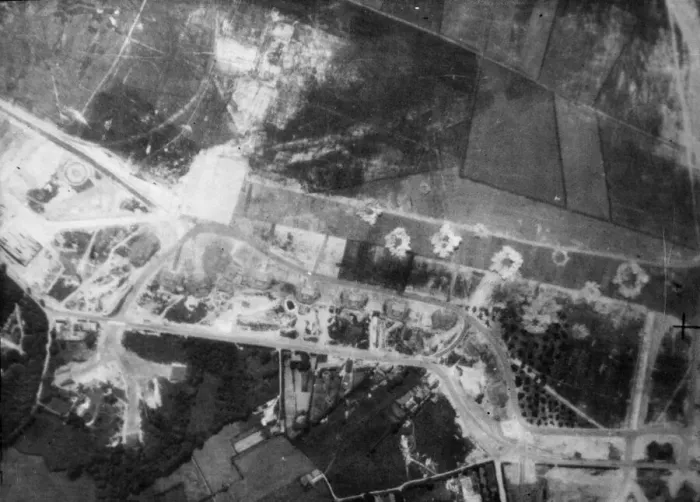 Framed Print : Nine bombs bursting on the concrete runway of St. Omer / Longuenesse aerodrome Framed Print : Nine bombs bursting on the concrete runway of St. Omer / Longuenesse aerodrome