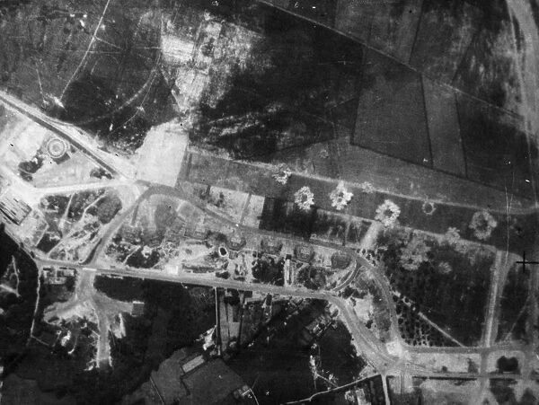 Nine bombs bursting on the concrete runway of St. Omer  /  Longuenesse aerodrome