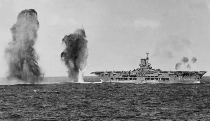Framed Print : Bombs falling astern of HMS Ark Royal during an attack by Italian aircraft during Framed Print : Bombs falling astern of HMS Ark Royal during an attack by Italian aircraft during