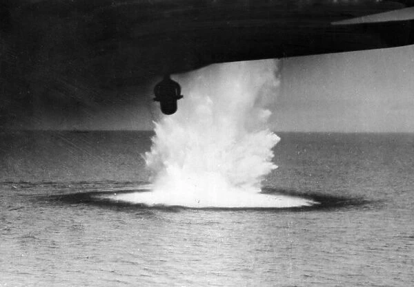 Bombs from a Whitley aircraft destroy a U-boat in the Bay of Biscay