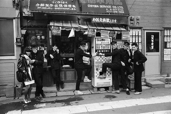 The Boomtown Rats in Tokyo, group members pictured outside a Tokyo shop. May 1980