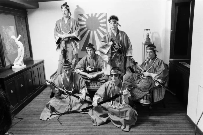Framed Print : The Boomtown Rats in Tokyo. Pictured, wearing samurai costumes. May 1980 Framed Print : The Boomtown Rats in Tokyo. Pictured, wearing samurai costumes. May 1980