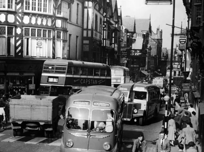 Framed Print : Botteneck in Chesters main street. December 1959 Framed Print : Botteneck in Chesters main street. December 1959