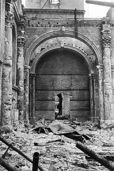 Bow Church, Cheapside, Central London, after it was bombed in The Blitz on 10th May 1941