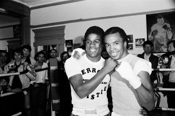 Framed Print : Boxer Errol Christie with Sugar Ray Leonard in the Thomas A