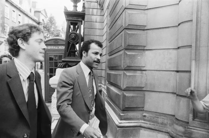 Framed Print : Boxer John Conteh leaves Bow Street Magistrate Court, London today after a driving ban