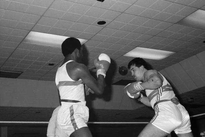 Framed Print : Boxing at Austin Social Club. Jimmy Moran on the right. 18th January 1987