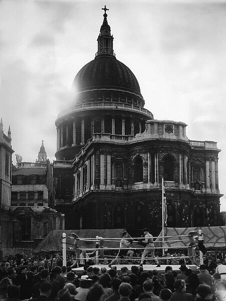 Boxing in the Shadow of St Pauls Cathedral. Firemen built a boxing arena in their spare