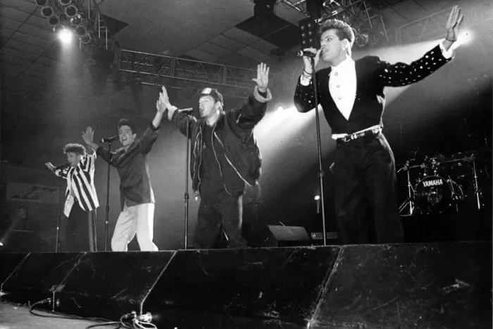 Framed Print : Boy Band New Kids on the Block perform at Whitley Bay Ice Rink 27 April 1990